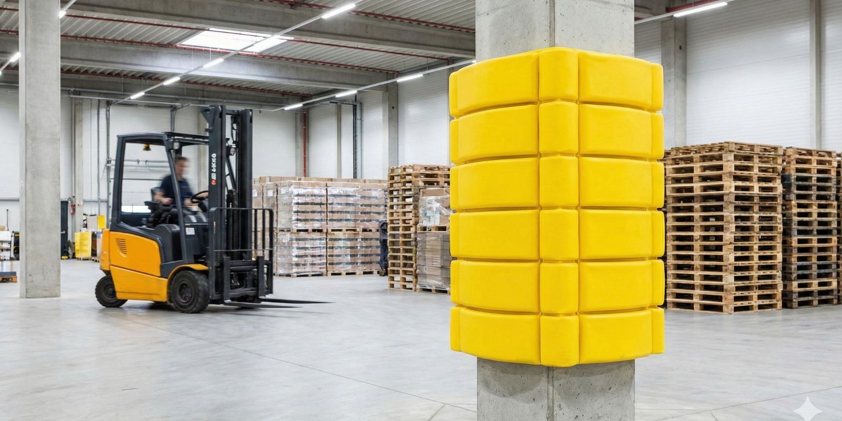 Flexibler, gelber Polymer-Säulenschutz umschließt einen Betonpfeiler in einem Logistiklager. Ein Gabelstapler fährt im Hintergrund vorbei, was die aktive Lagerlogistik verdeutlicht.